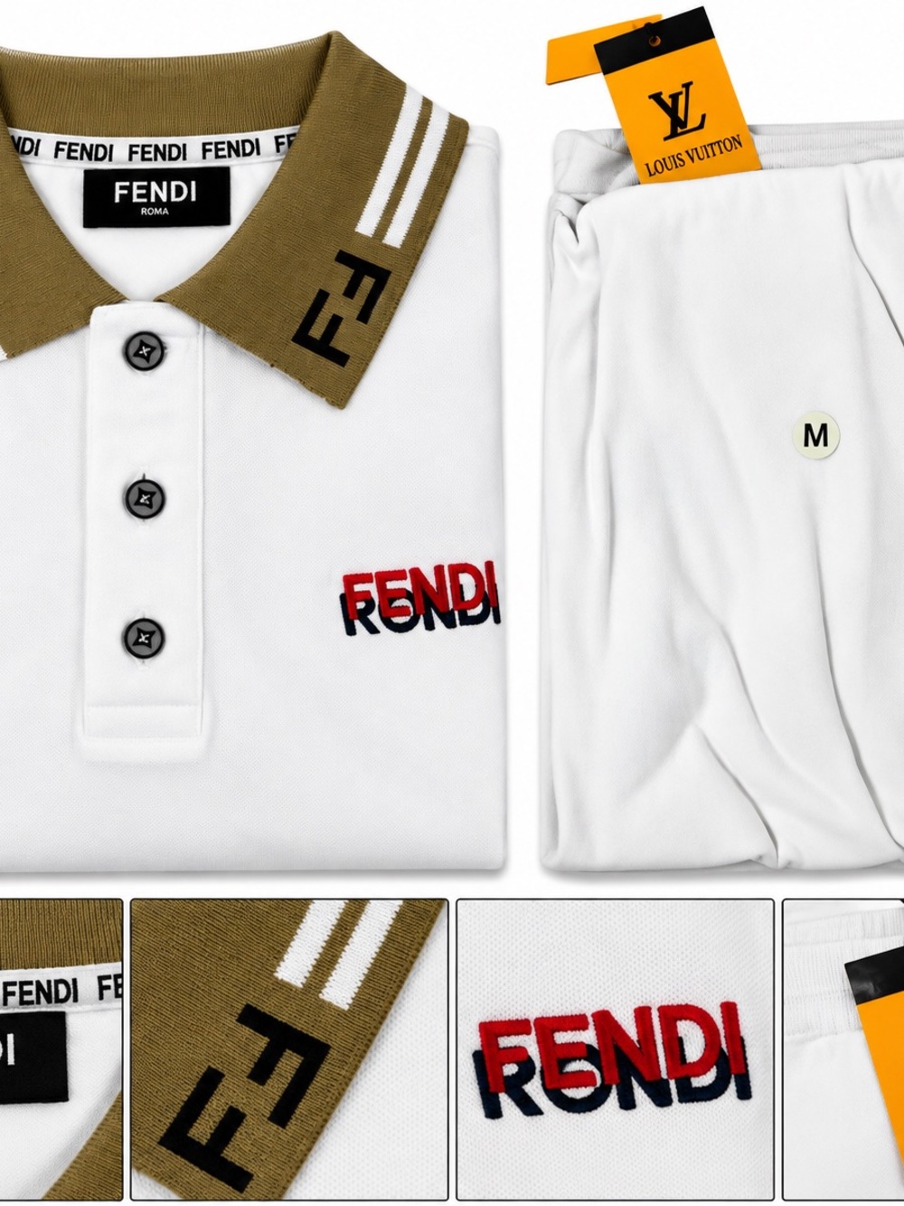 Fendi White Polo with Olive Contrast Collar and Red Logo